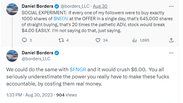 Borders promoting FNGR on Twitter