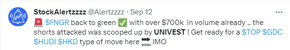 StockAlertzzzz promoting FNGR on Twitter