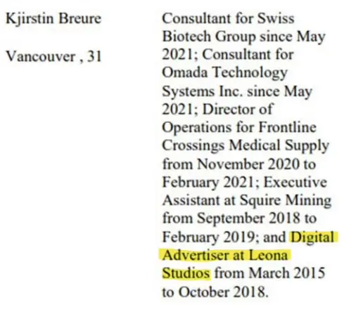Filings show Breure was a Digital Advertiser at Leona Studios