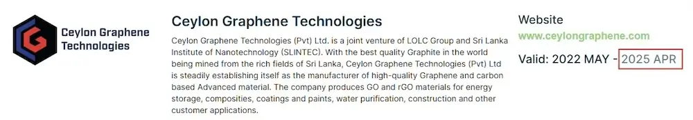 Ceylon Graphene is no longer verified by The Graphene Council