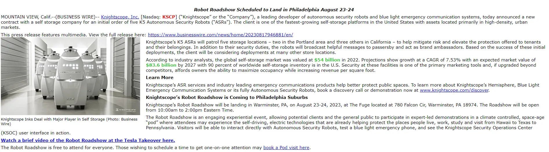 Knightscope Roadshow PR