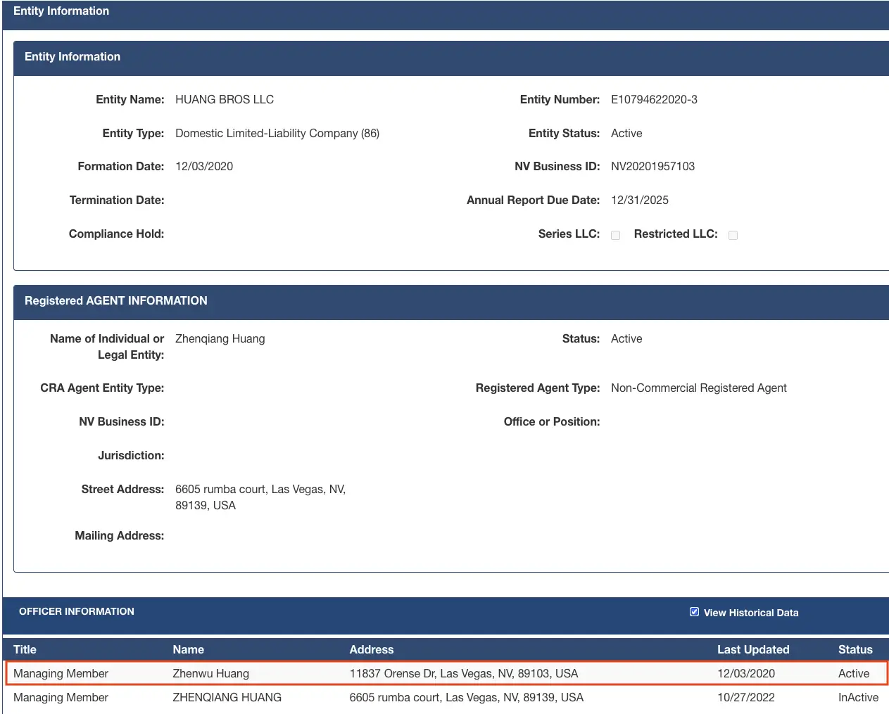 Wayne Huang used the same address for his company Huang Bros LLC