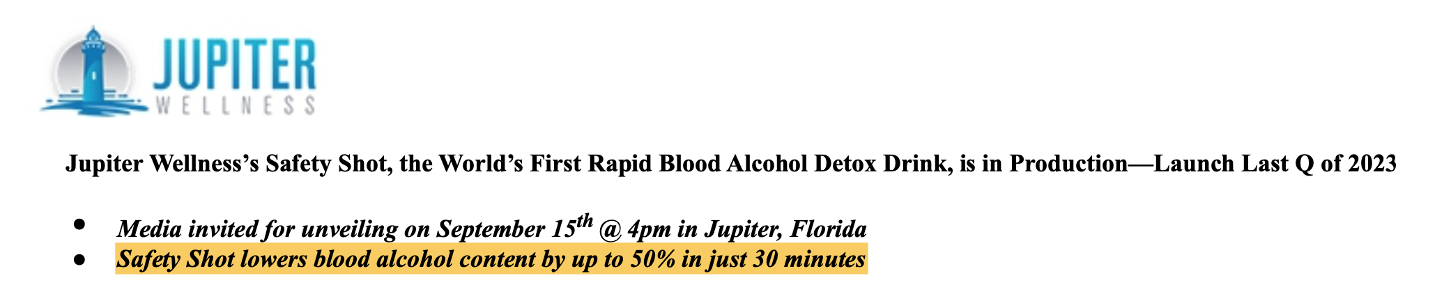 Safety Shot lowers blood alcohol content by up to 50% in just 30 minutes